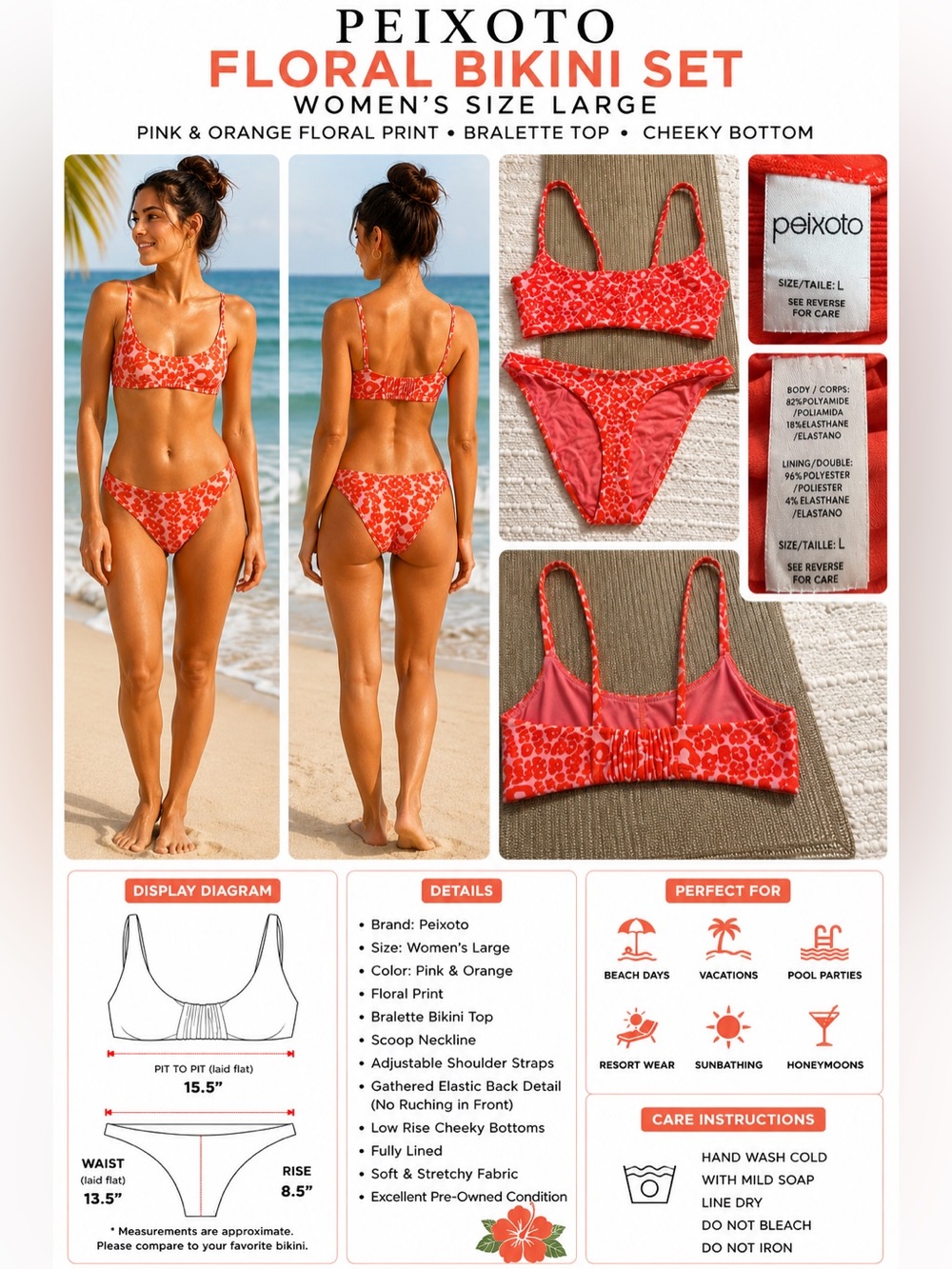 Peixoto Floral Bikini Set Women's Size L Pink Orange Bralette Top Cheeky Bottom